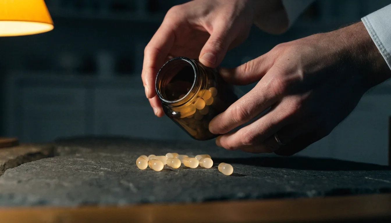 Mains versant des gélules d'un flacon de verre ambré non étiqueté sur une pierre sombre