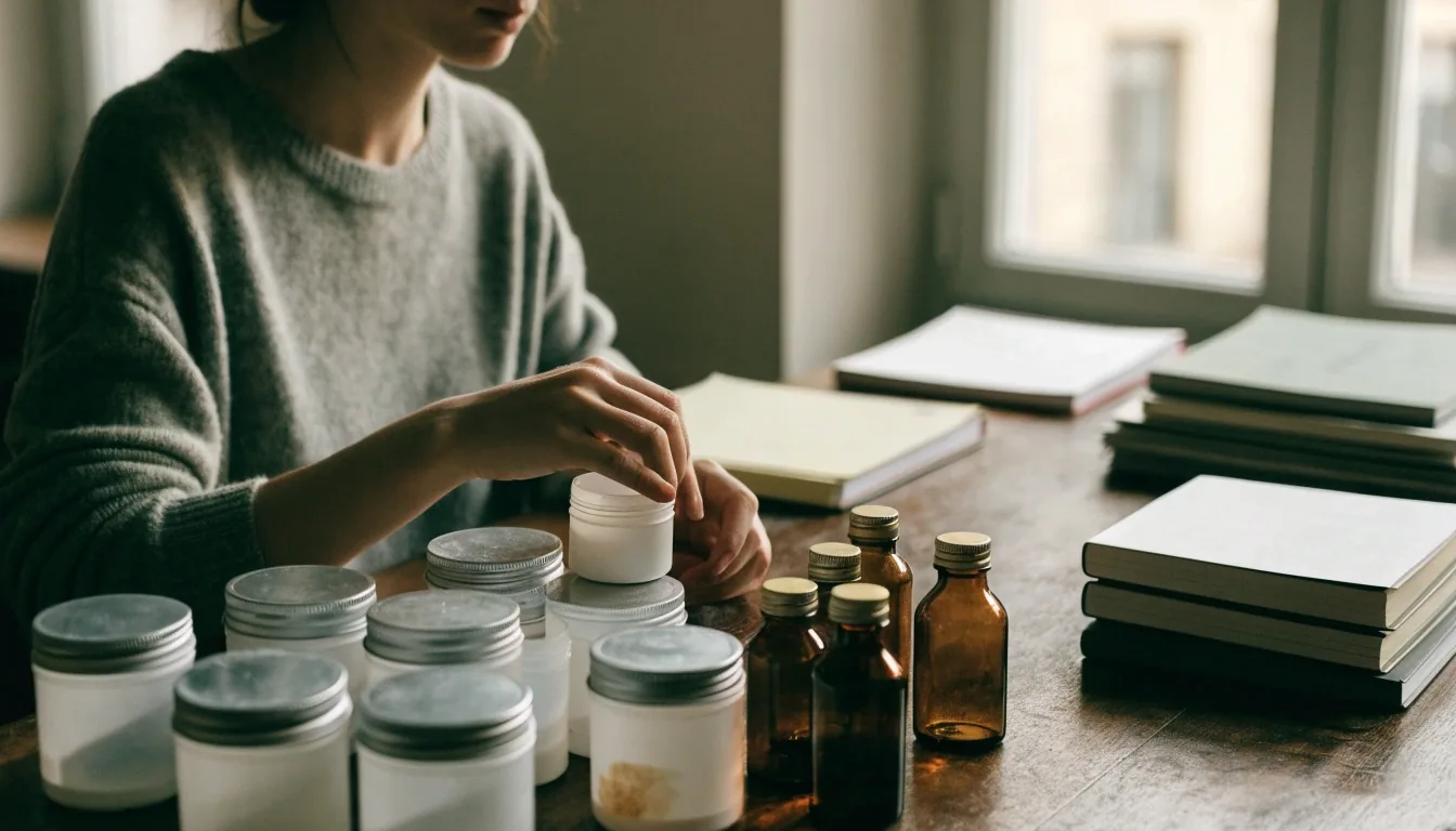 Plan de travail sombre avec béchers, balance et bacs d'acier sous une lampe chaude