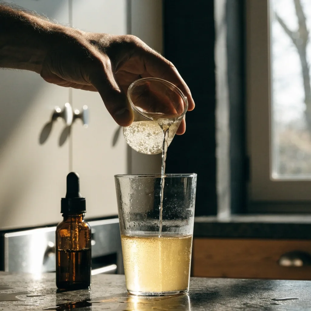 Ampoule de verre ambré debout sur une surface sombre à côté d'un petit bécher