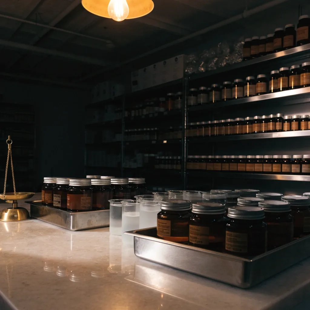 Plan de travail sombre avec plateaux en inox, balance et bécher de verre