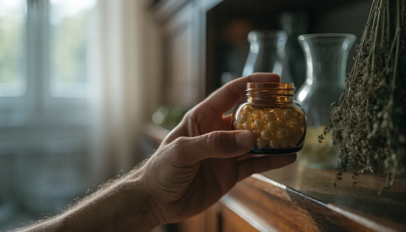 Pot de complément en verre ambré et poudre fine posés sur une surface sombre sous une lumière chaude