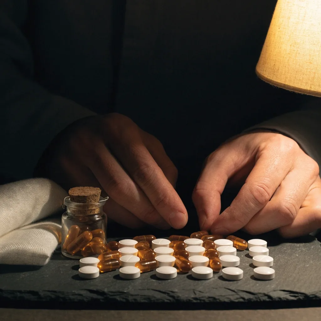 Capsules et comprimés de multivitamines posés sur une ardoise sombre sous une lampe unique