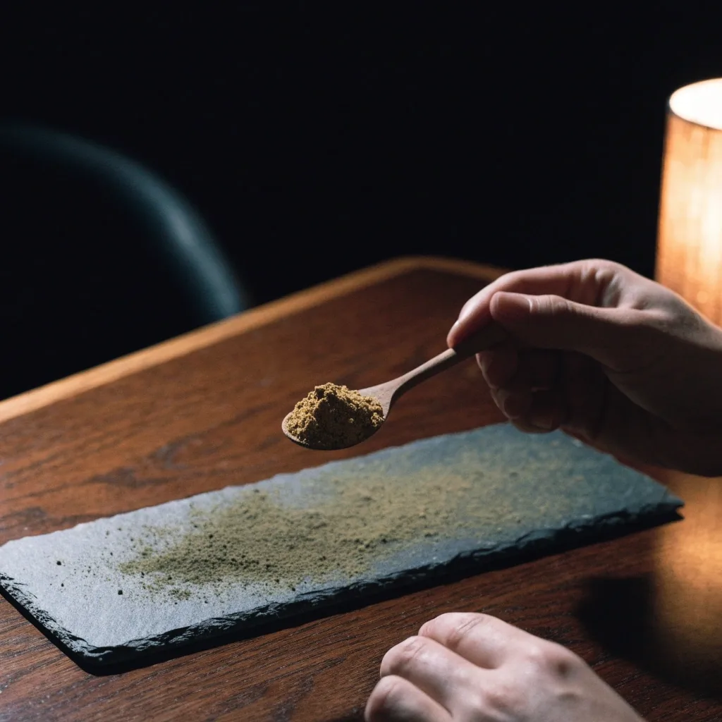 Petite cuillère de bois contenant des granules de pollen doré auprès d'une poudre fine sur une ardoise sombre