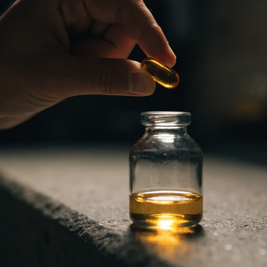 Une capsule souple ambrée posée sur une pierre sombre auprès d'un petit flacon de liquide doré non étiqueté