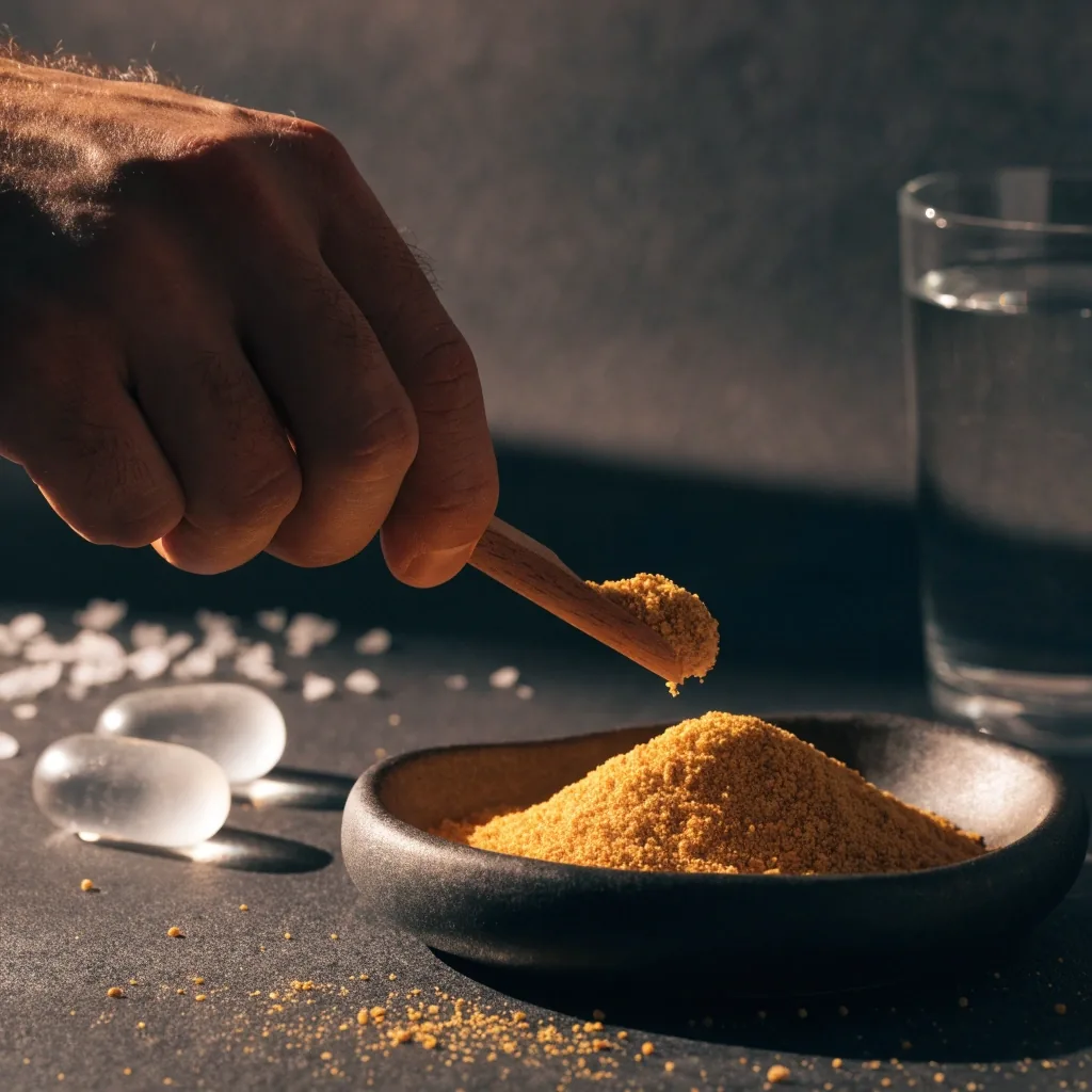Bol de pollen séché et gélules sur une surface sombre