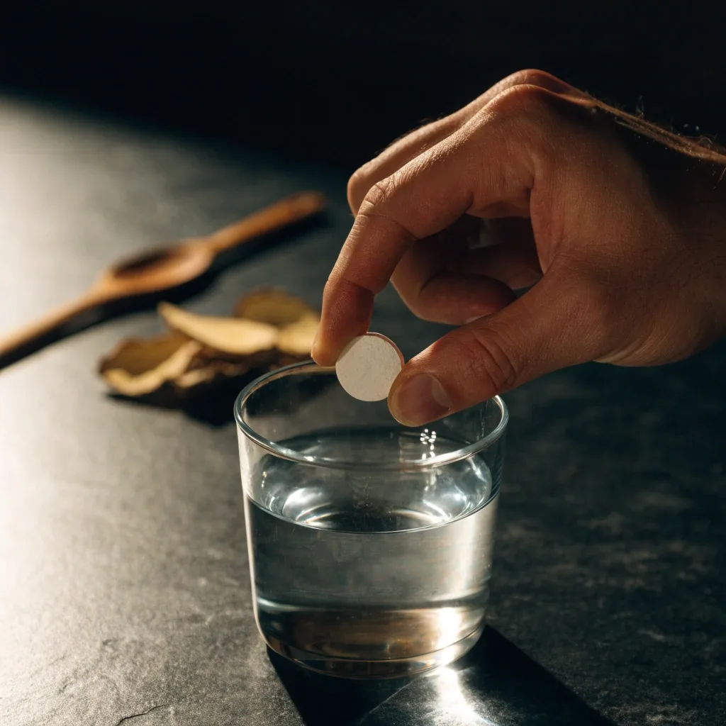 Comprimé effervescent dans un verre d'eau sur surface sombre