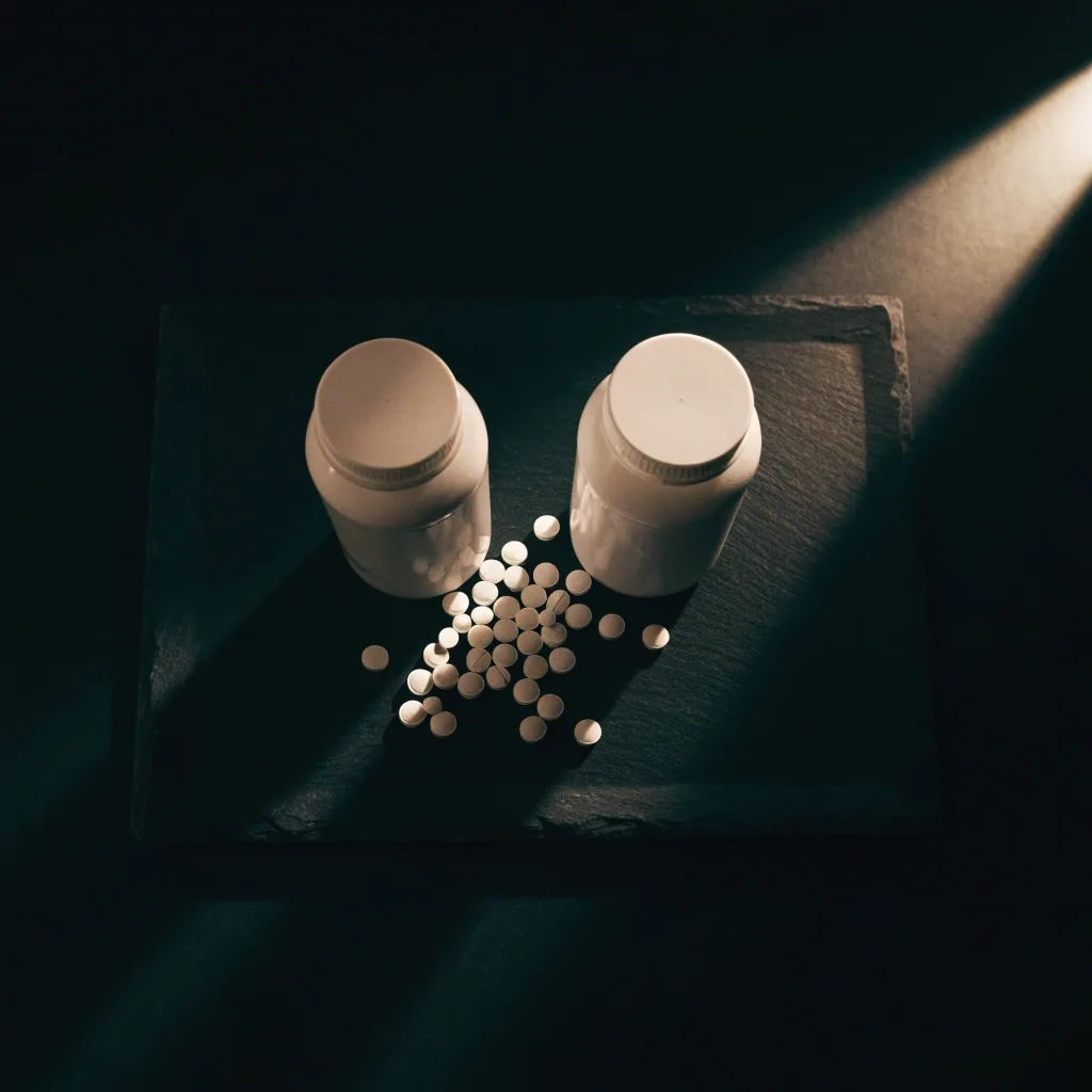 Deux flacons de multivitamines non étiquetés sur un plateau sombre