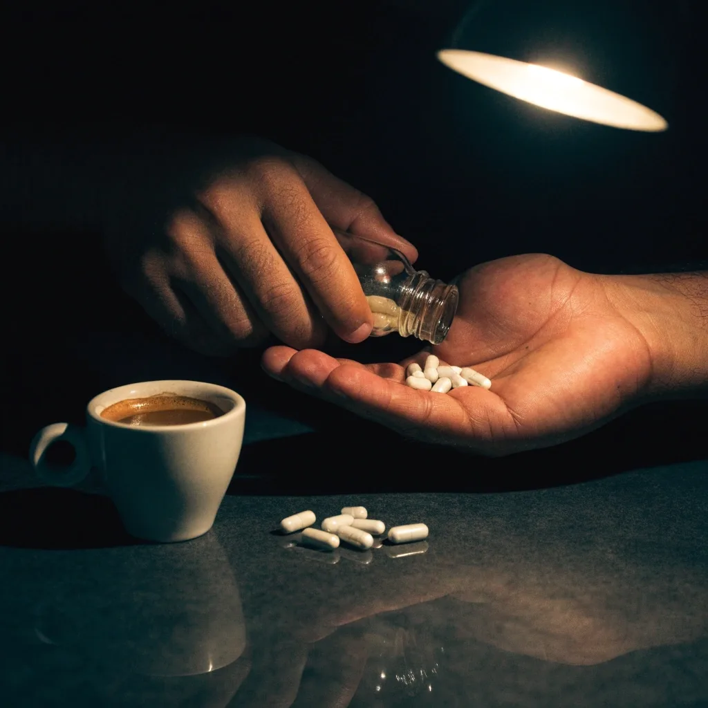 Gélules non étiquetées et petite tasse de café sur surface sombre