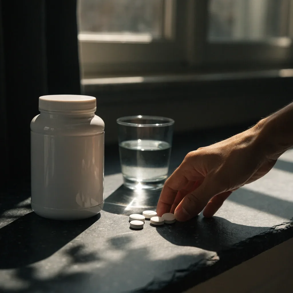 Pot de multivitamines non étiqueté et comprimés blancs sur une surface sombre