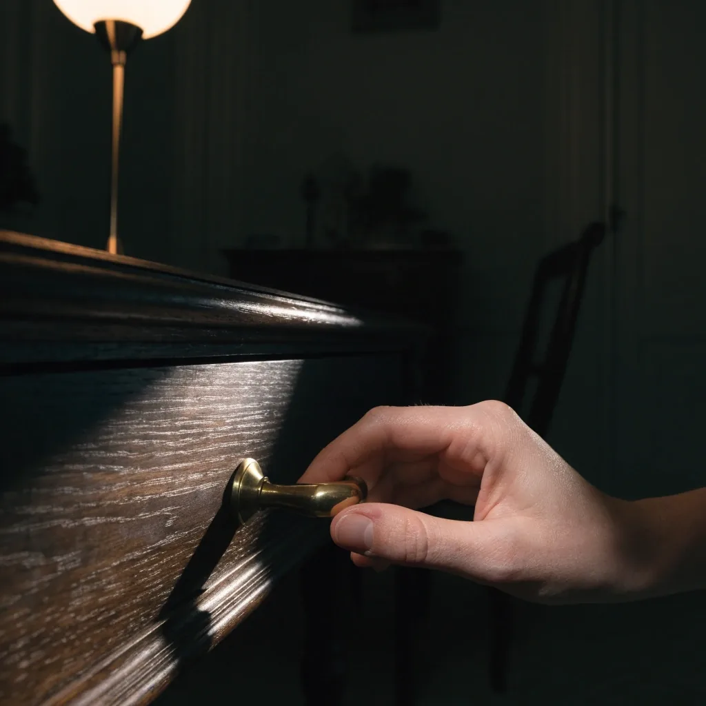 Enveloppe et papier vierges posés sur un bureau sombre éclairé par une seule lampe