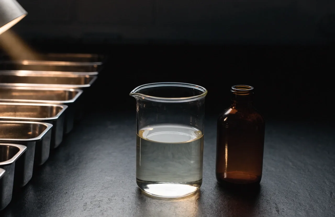Plan de travail sombre avec plateaux en inox et bécher en verre sous une lampe chaude