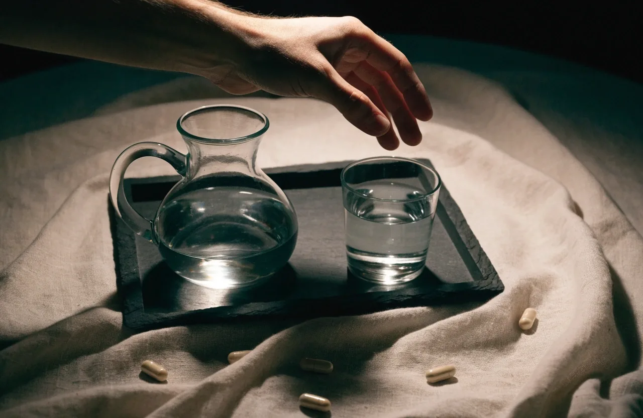 Carafe d'eau et verre sur un plateau d'ardoise sombre avec quelques gélules éparses, éclairés par une lampe
