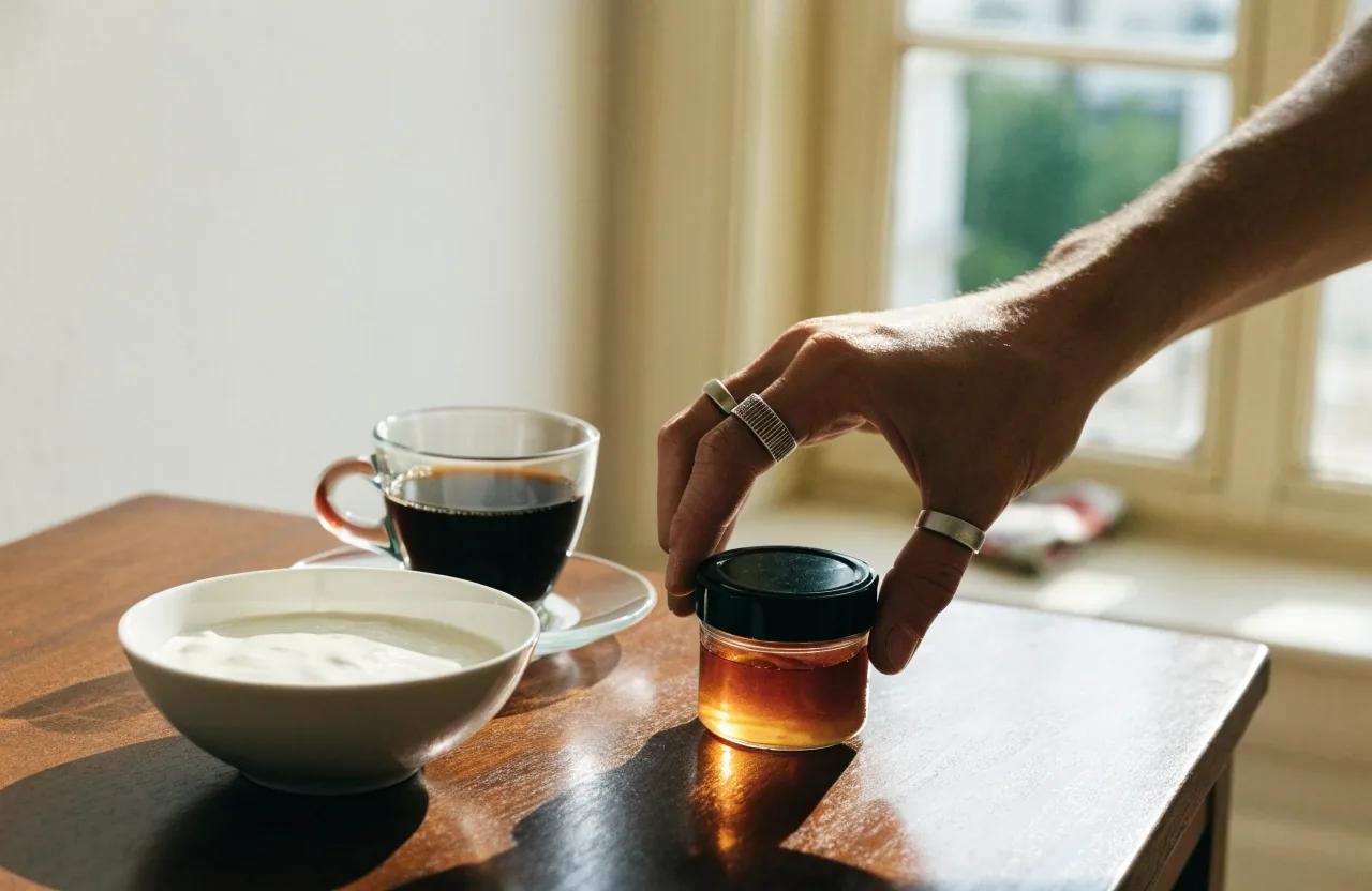 Main versant des gélules claires d'un flacon en verre ambré sur un comptoir de pierre sombre, au matin