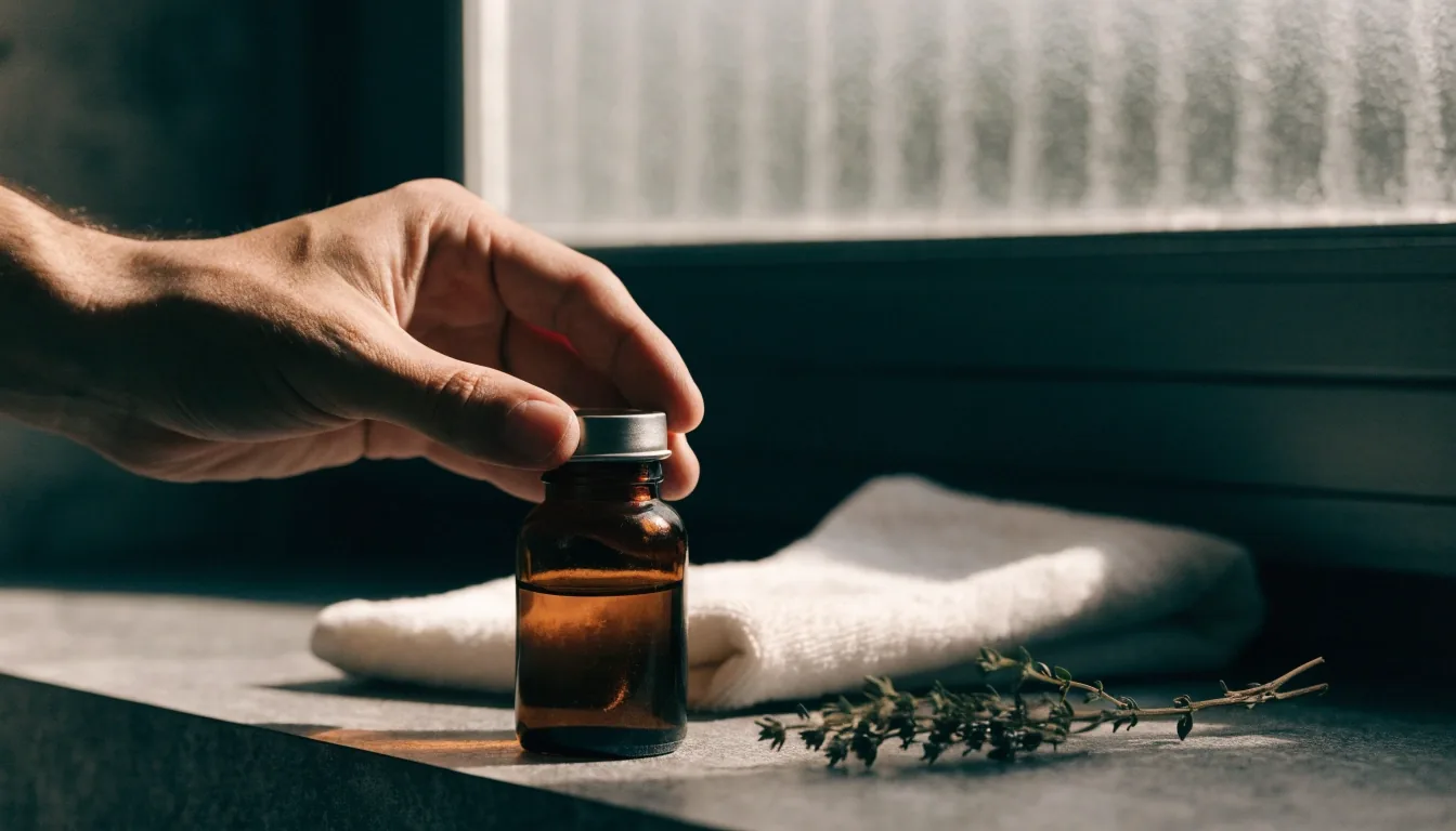 Capsules d'un flacon ambré versées sur une surface sombre